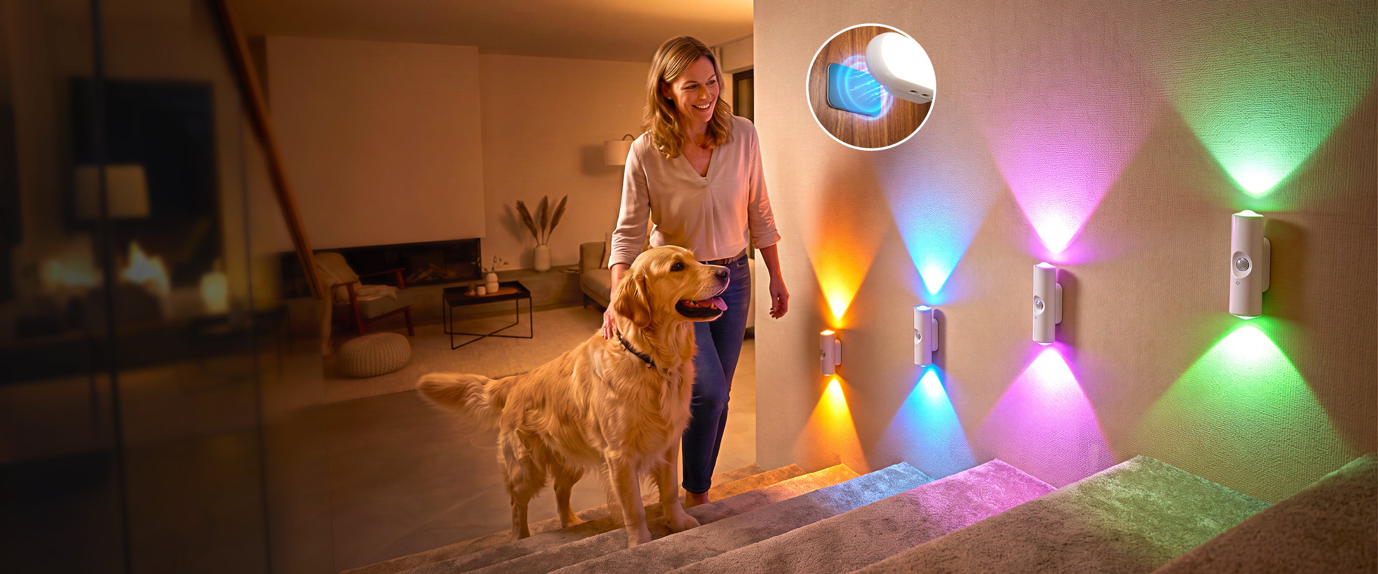 LED motion sensor lights illuminating a staircase