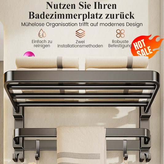 Fold-out wall-mounted towel rail with hooks