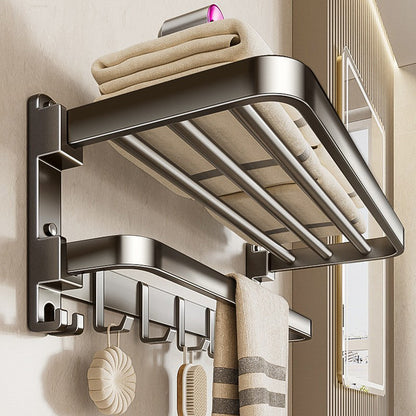 Fold-out wall-mounted towel rail with hooks