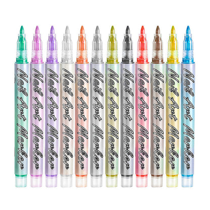 💅 12-Color Nail Art Pens: 0.7mm Ultra-Fine Tip, Quick-Dry, Waterproof, Water-Based, Fade-Resistant