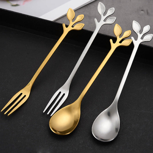 Vintage Leaf-Shaped Stainless Steel Teaspoon & Dessert Fork
