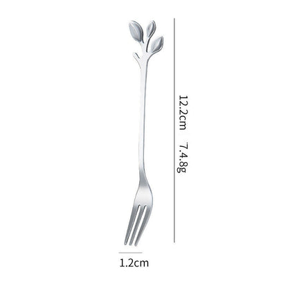 Vintage Leaf-Shaped Stainless Steel Teaspoon & Dessert Fork