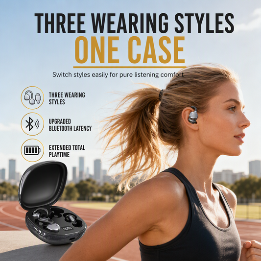 B115 3-in-1 Bluetooth Earphones with 6 Earbuds Ear Clip and In-Ear Sleep Headphones with Noise Cancelling and Long Battery Life